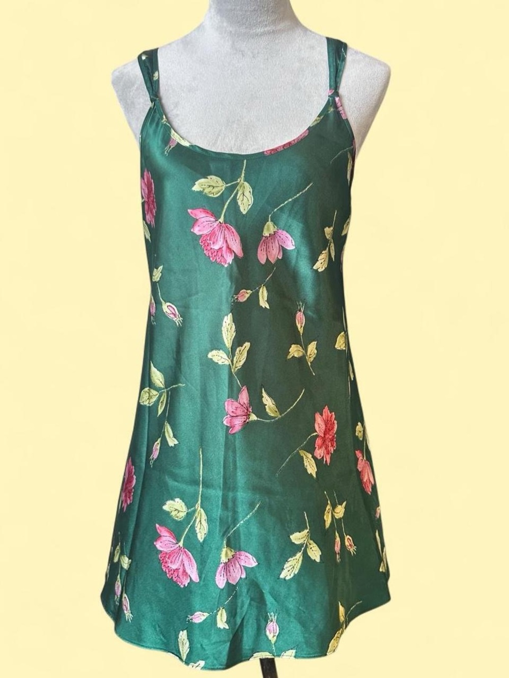 Oscar de la Renta Pink Label Emerald Green Floral Satin Chemise Slip Dress M